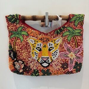 NWT Made in India Beaded Jungle cat Design bamboo handled Bag
